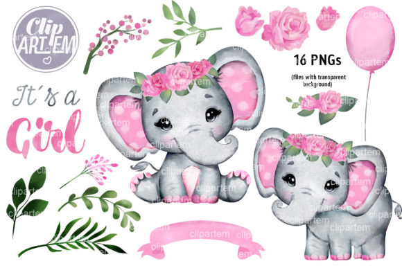 Essential Pink Roses Girl Elephant PNG Bundle