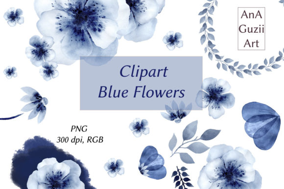 Watercolor Clipart with Blue Anemone