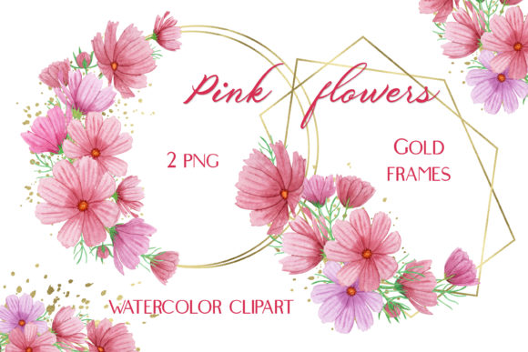 Watercolor Gold Frames with Pink Floral Designs